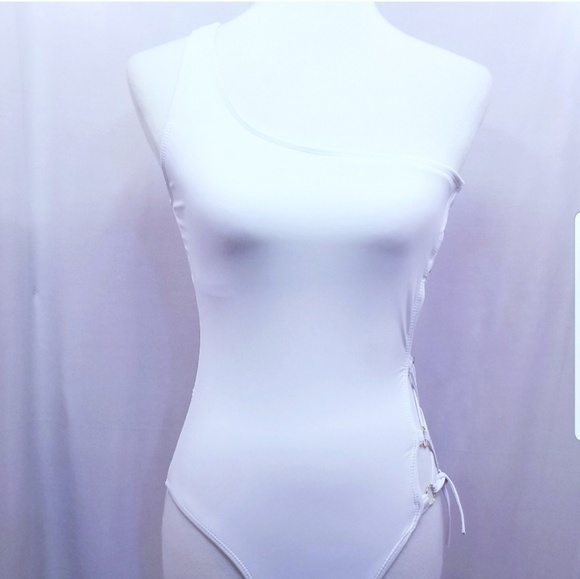 One Piece Swimsuit White Hot Lace Up Open Side - Picture 4 of 7